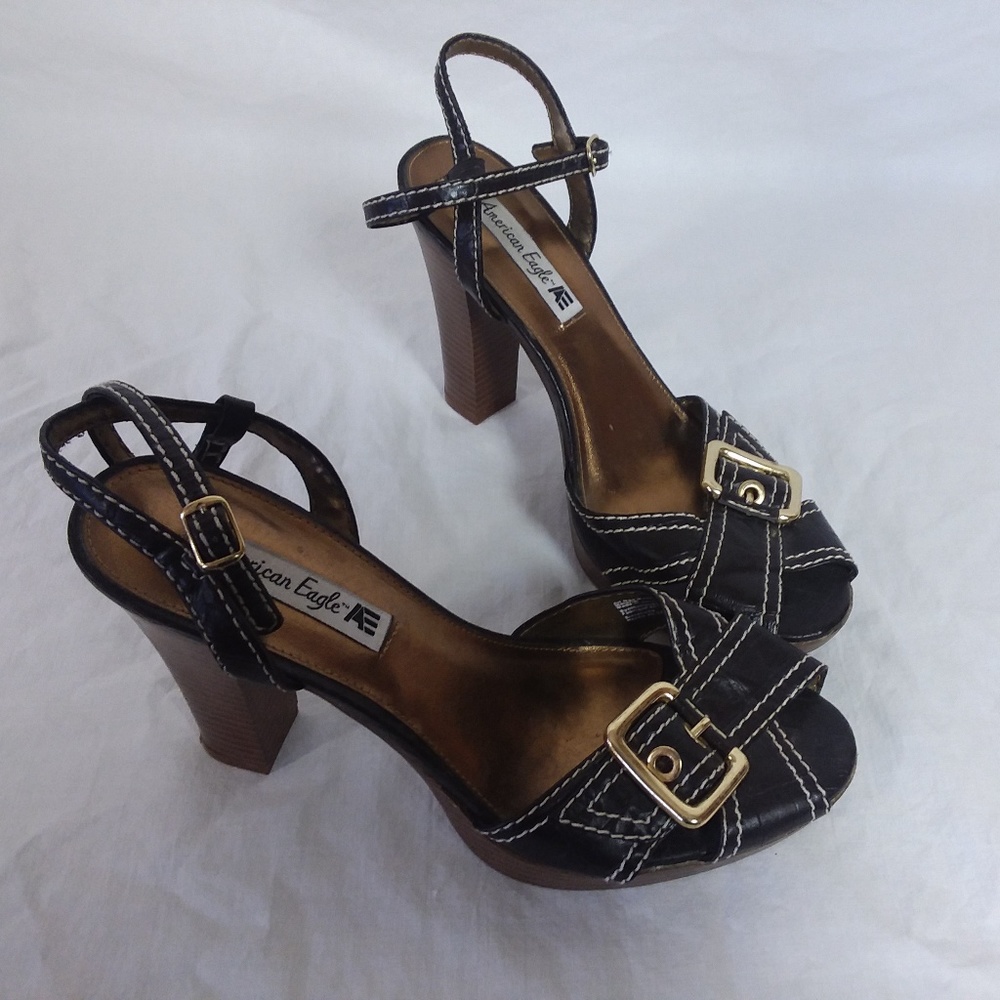 American eagle buckle wedge heels